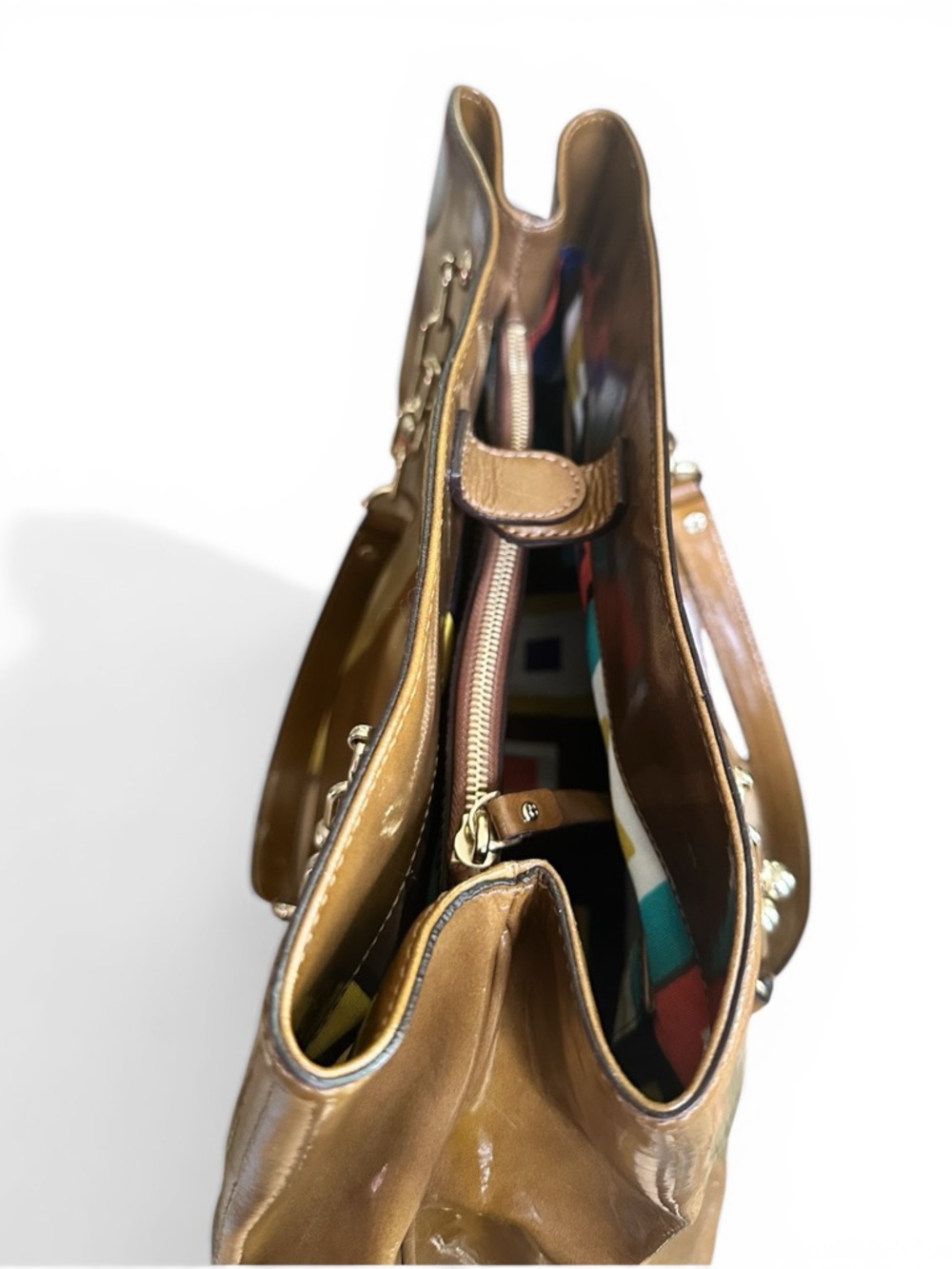 Kate Spade Patent Leather Tote Brown Gold Chain Large Shoulder Bag EUC - Picture 7 of 12